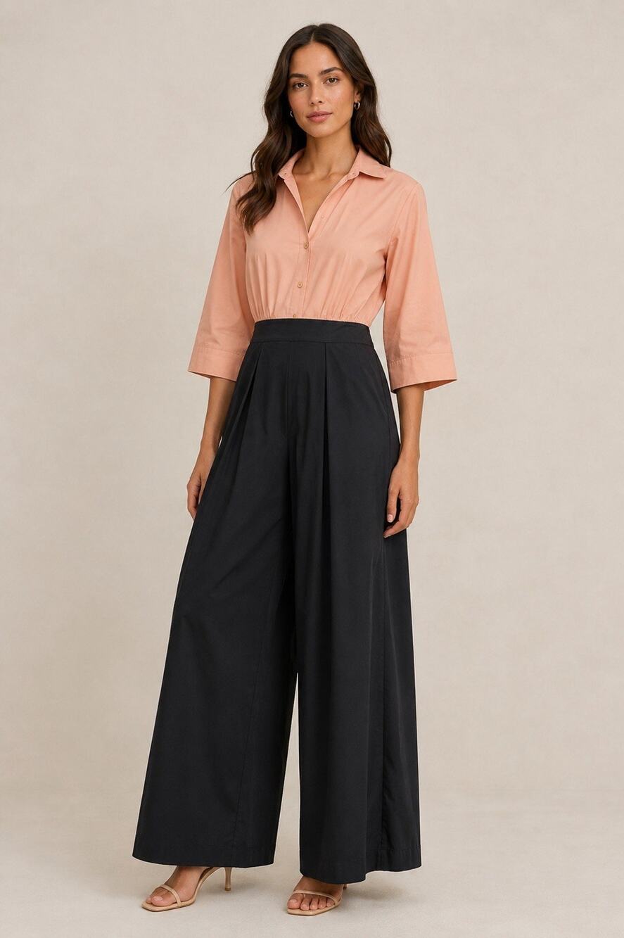 New Staud Jumpsuit Womens 8 Cashew Black Colorblock Wide Leg 3/4 Sleeve Designer